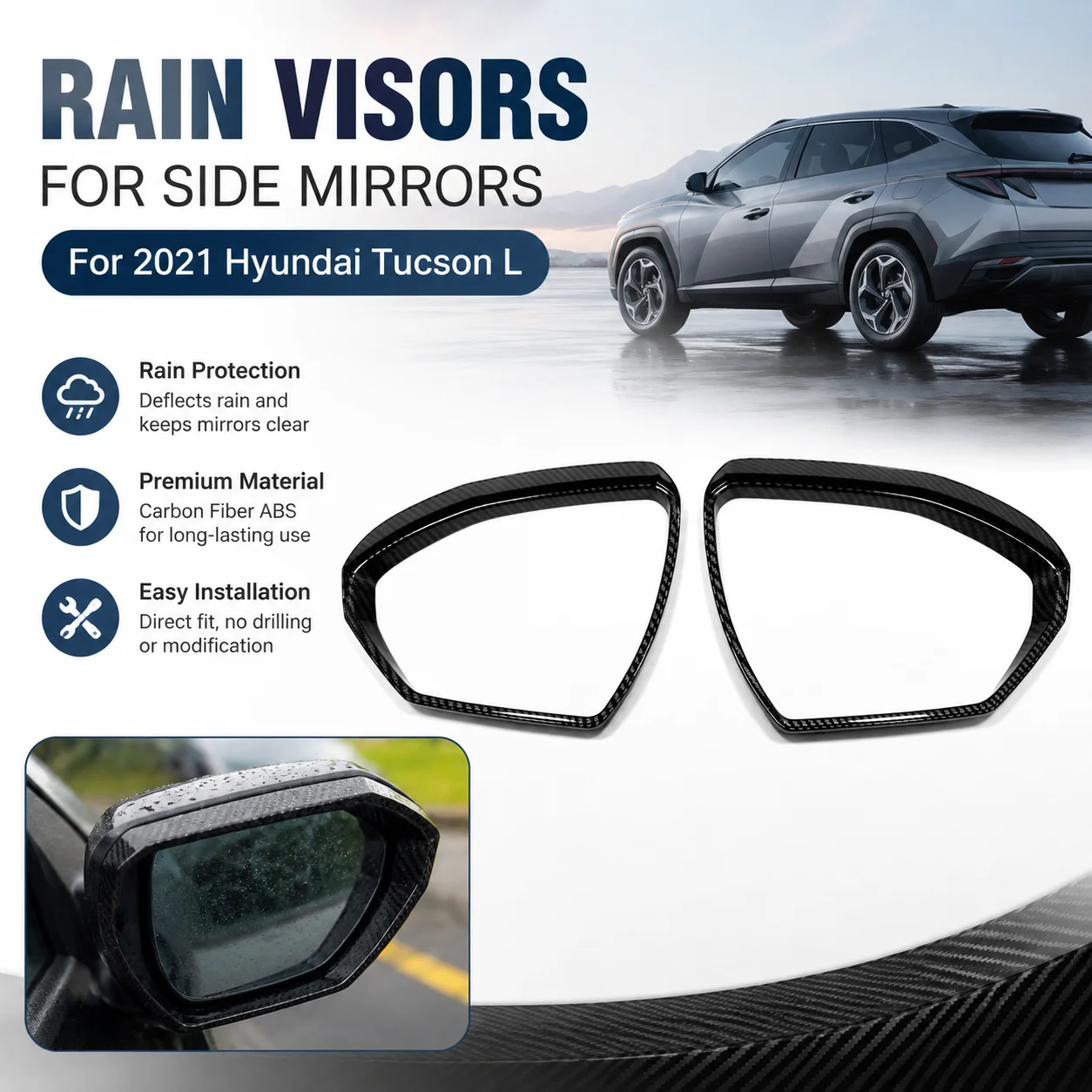 2pcs Rain Visors for 2021 Hyundai Tucson L Side Mirrors, Carbon Fiber ABS Material
