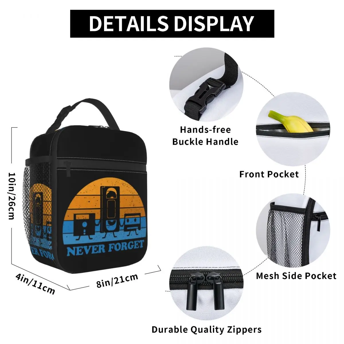 Never Forget -Floppy Disk Cassette VHS Tape Insulated Lunch Bag for Women Office Cooler Thermal Food Box Tote Lunch Boxes