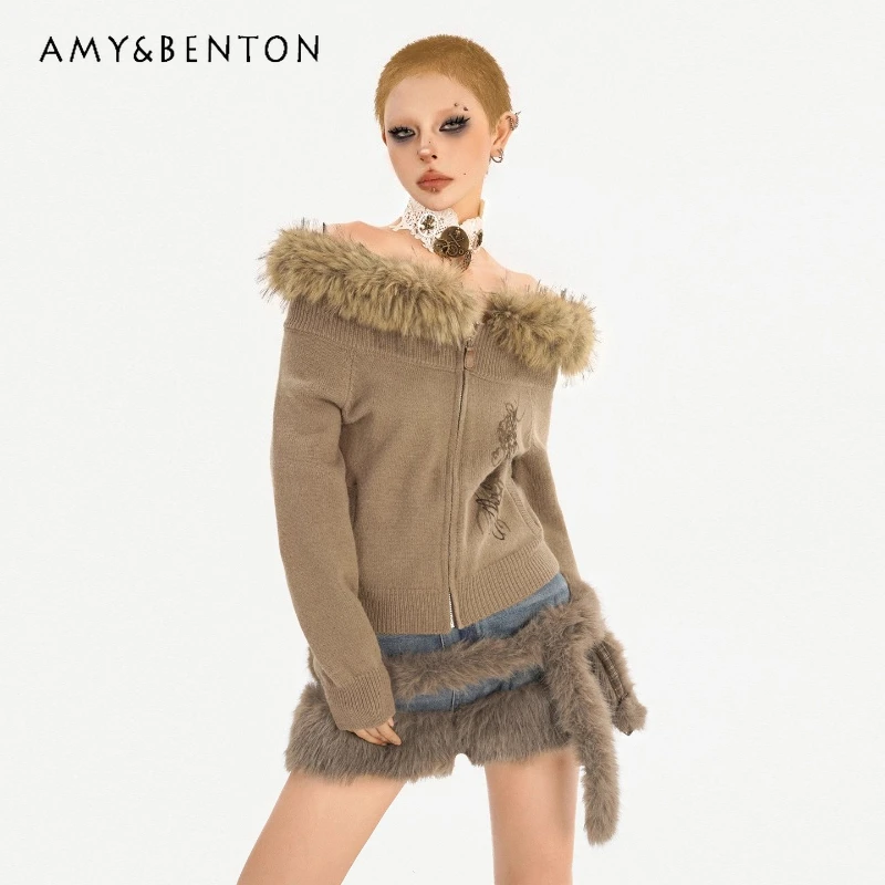 

Original Design Punk Retro Off-Shoulder Fur Collar Knitted Women's Top Autumn Winter Slimming Versatile Cardigan Sweater Ladies