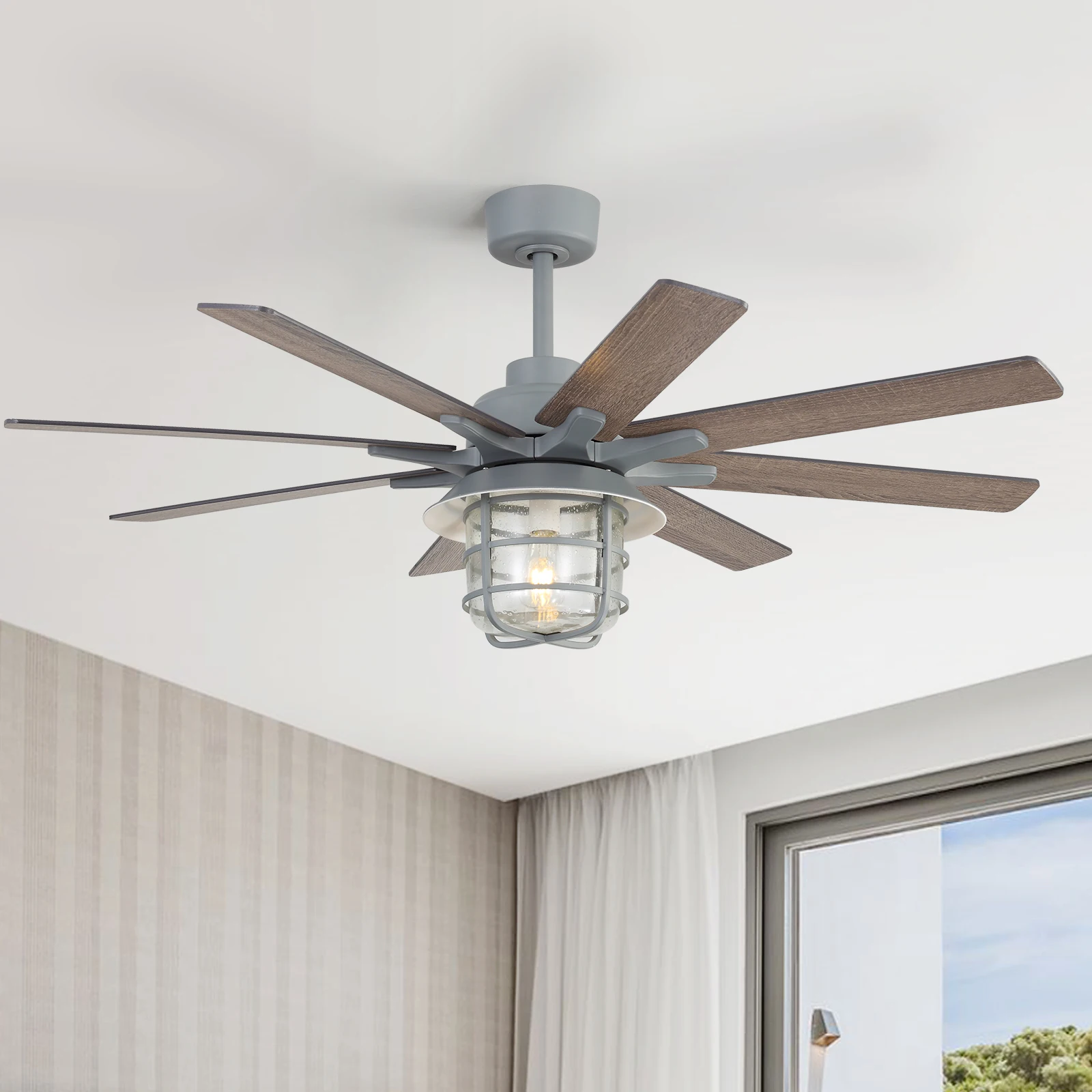 52-Inch Large Ceiling Fan With 8 Plywood Walnut Colored Blades,Quiet DC Motor,Glass Lampshade,3 Color Temperature,Cement Grey