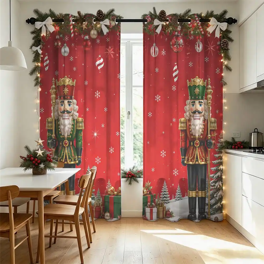 2pcs Christmas Nutcracker Decorative Double Sided Curtains Perforated Hole Design Light Blocking Window Drapes for Living Roo