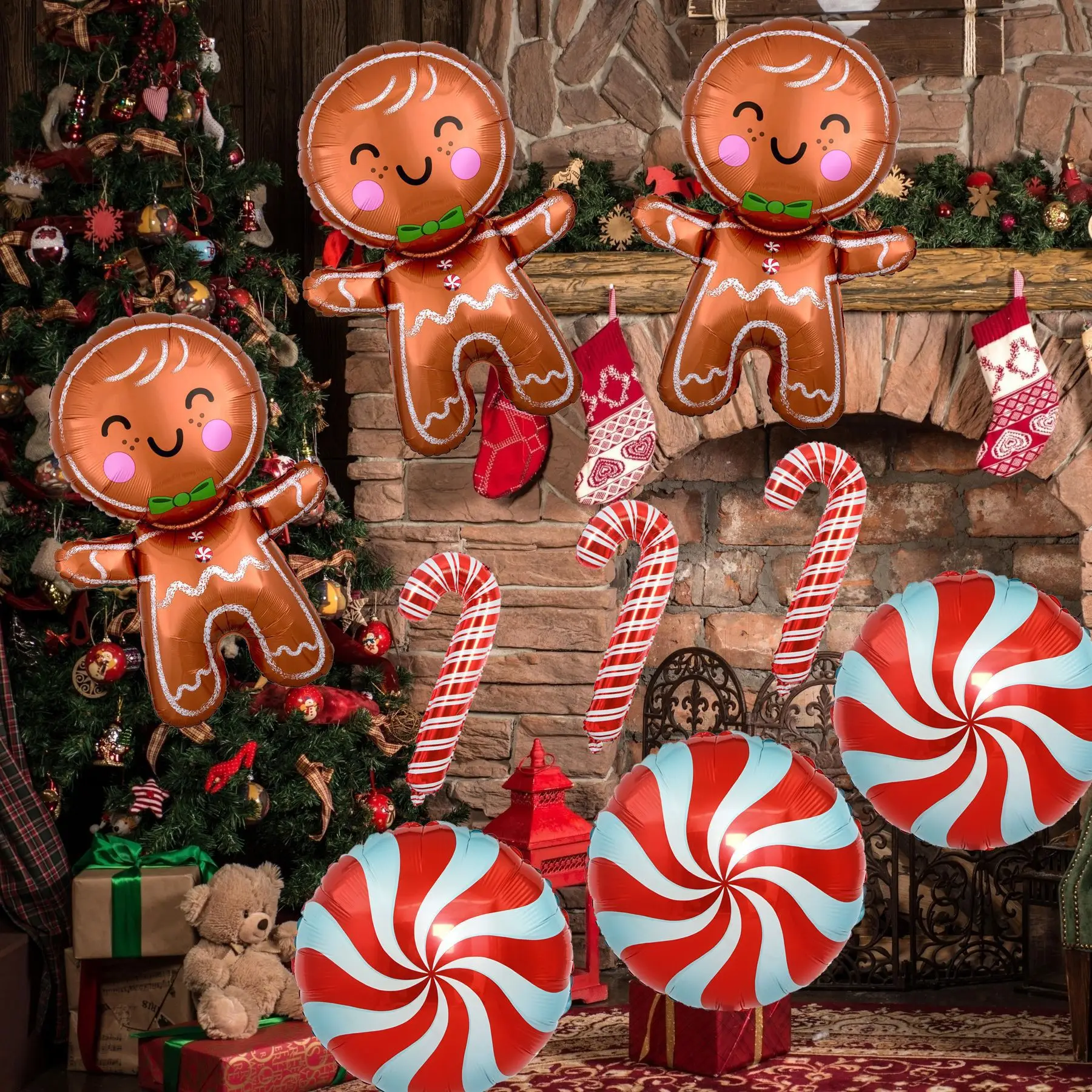 9-piece Christmas aluminum foil balloon set, candy cane, gingerbread man balloons, holiday party scene decoration