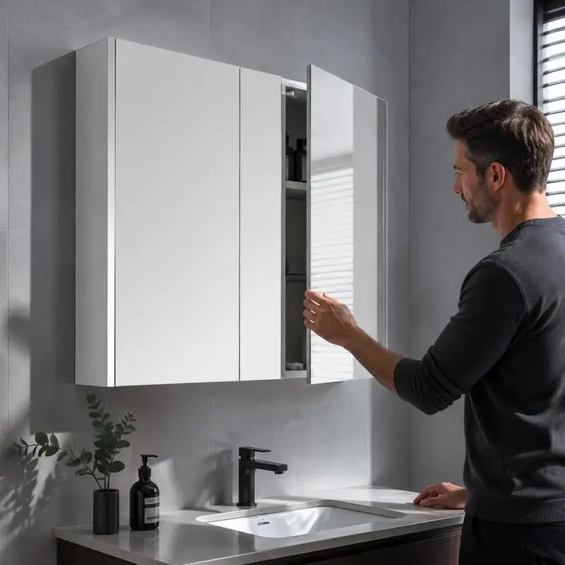Badezimmer-Wandschrank mit 3 Spiegeln, wandmontierter Aufbewahrungsschrank mit 3 Türen, 3 verstellbaren Einlegeböden, 90x11x65cm, Weiß