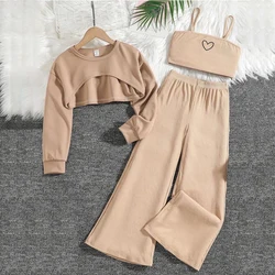 2024 New Girls' Heart shaped Printed Long sleeved Set Children's Fashion Sling Pants Casual Three piece SetSummerChildren's Wear