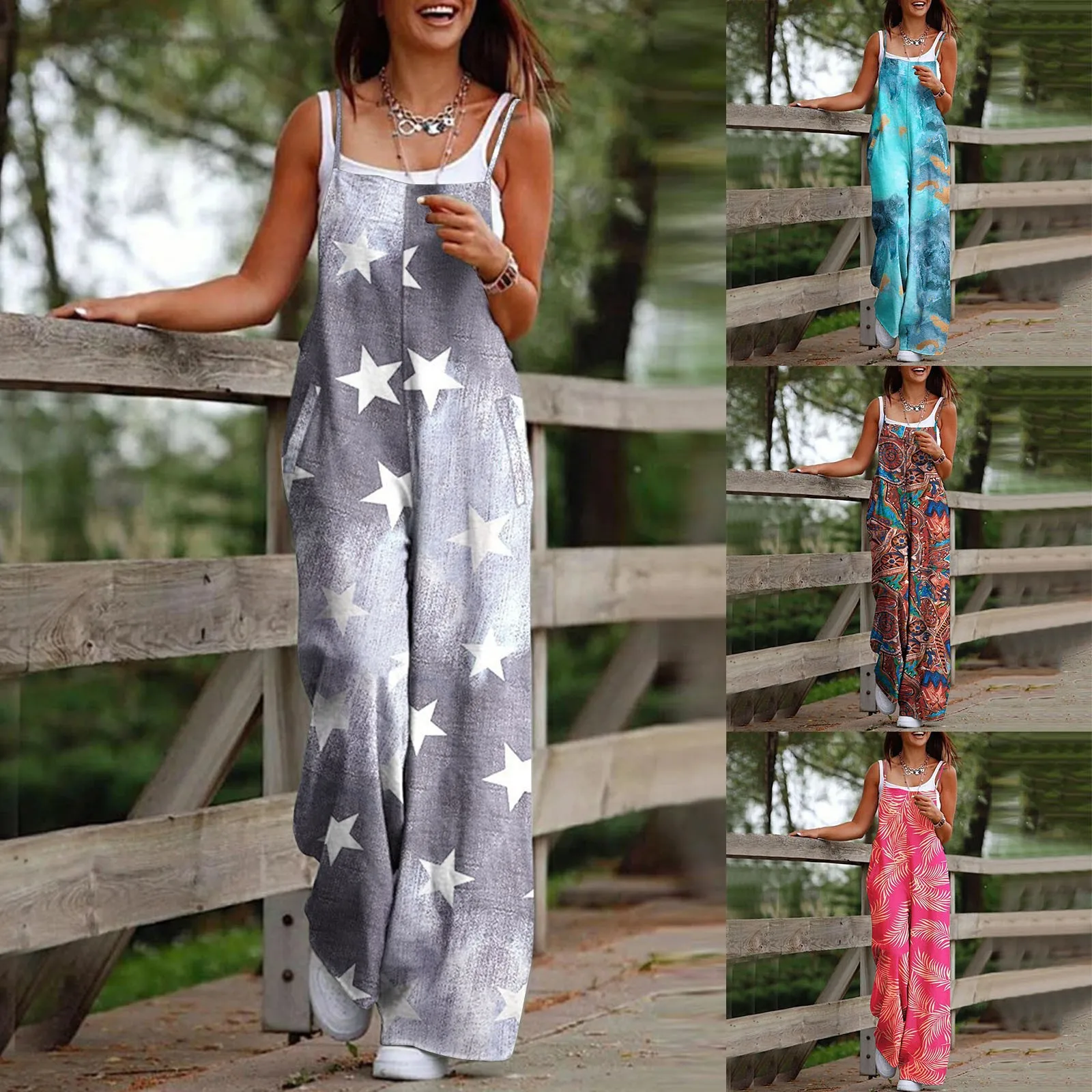 

Women Print Jumpsuit Sleeveless Loose Comfortable Jumpsuits Pocket Fashion All-In-One Female Casual Suspenders Wide Leg Pants