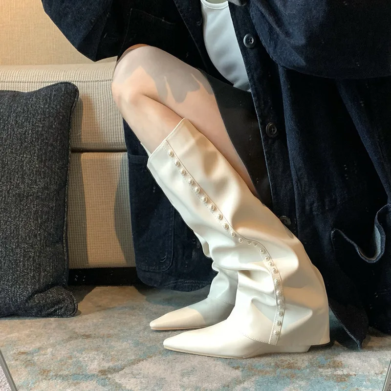 

White Pants Tube Boots 2025 New Plus Size Pointed Toe Wedge High Tube Over-the-Knee Long Boots For Women