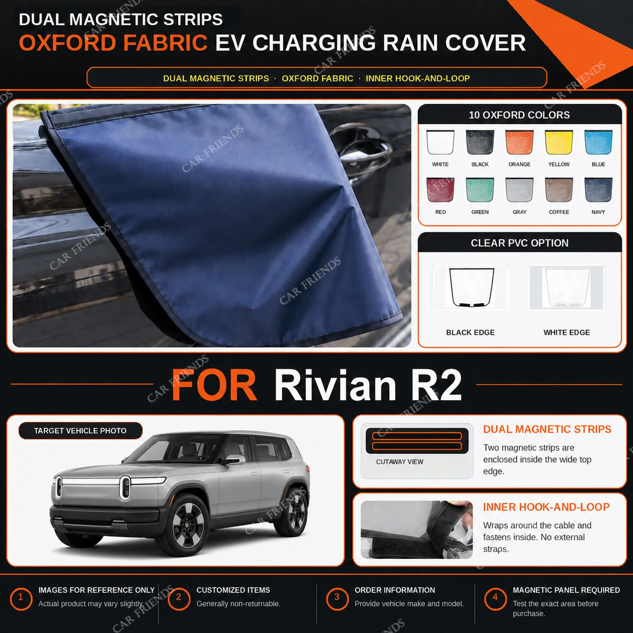For Rivian R2 Oxford Fabric EV Charging Port Rain Cover with Dual Magnetic Strips Water-Repellent Outdoor Charging