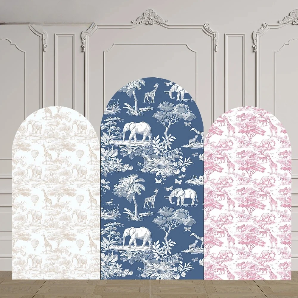 

Personalised in Bloom Party Arch Backdrop Cover Blue Stripes Safari Giraffe Elephant Baby Shower Arched Wall Background