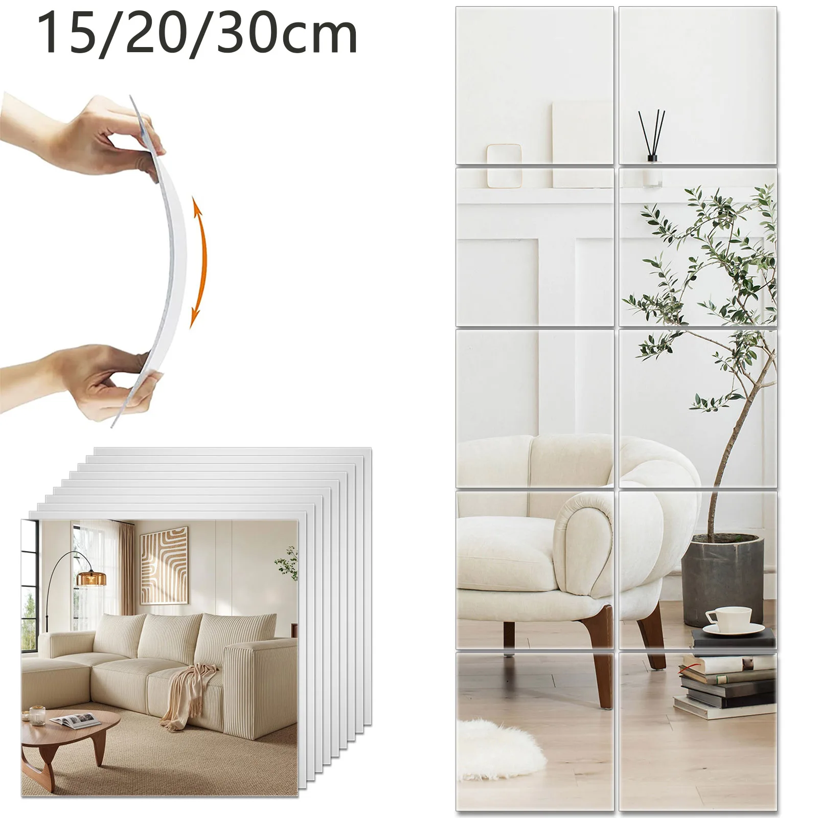 10/20pcs Mirror Sheet Non-Glass Flexible Self Adhesive Mirrors Sheets Stick DIY Mirror Tiles For Bedroom, Door & Bathroom