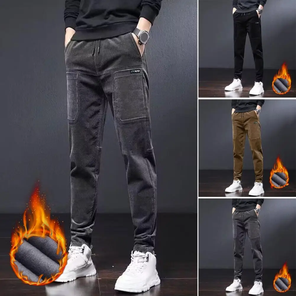 

Men Drawstring Waist Pants Men's Corduroy Winter Pants with Fleece Lining Elastic Waist Straight Fit Work Wear Harem for Autumn