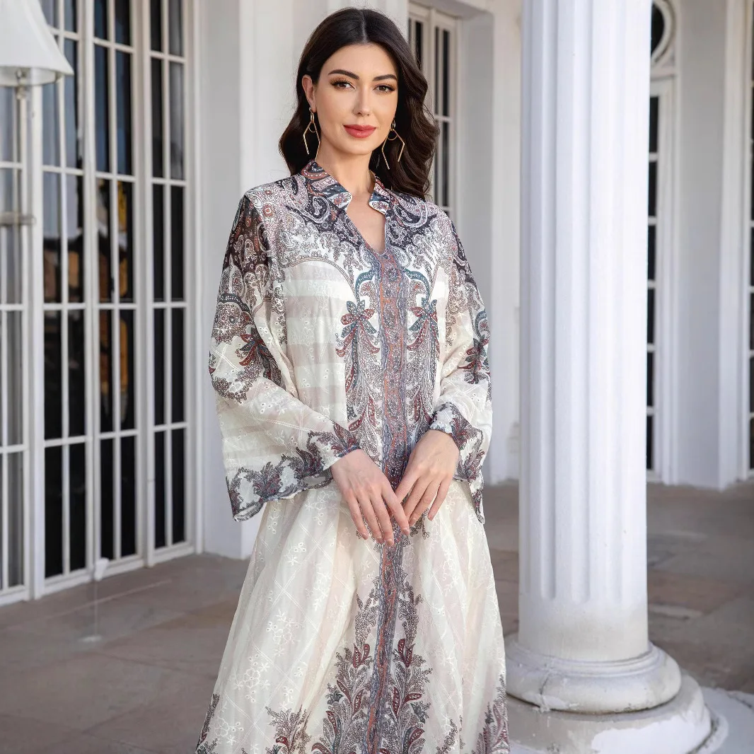 

241113 Women's Long Robe With Embroidered Fabric, Printed And Embellished With Traditional Dressess, Women's Long Dress Elegant