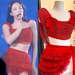 New Singer Kpop Stage Outfit Red Short Top Lace Skirt Women Jazz Dance Clothing Sexy Gogo Costume Stage Performance Wear DWY9483