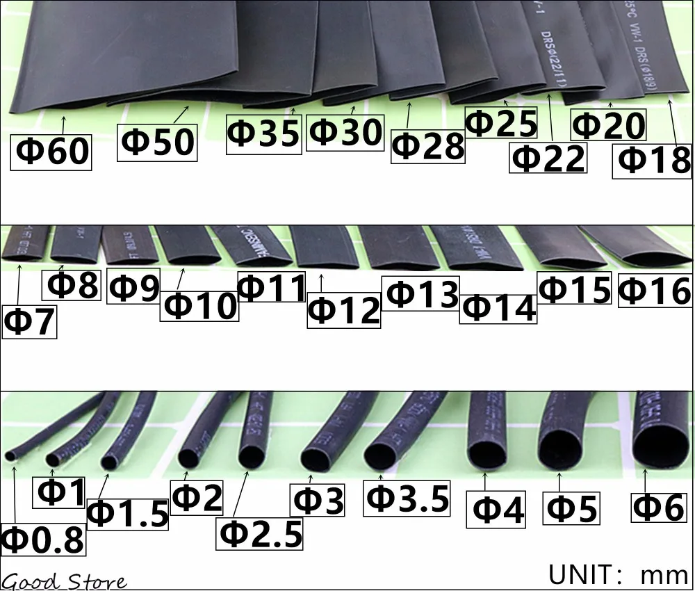 ound Diameter 15mm 16mm 18mm 20mm 22mm 25mm 35mm 40mm 50mm 60mm Length Heat Shrink Tubing Shrinkable Tube Black Wire Wrap