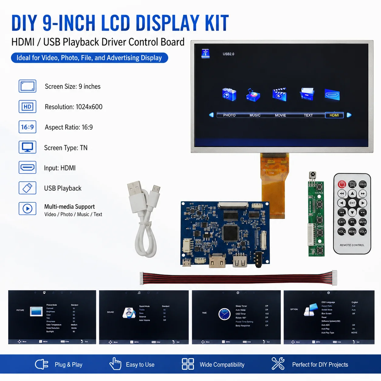 

7 Inch Portable Multipurpose U Disk HDMI Audio LCD Screen Display Driver Control Board DIY Lattepanda Raspberry Pi PC Monitor