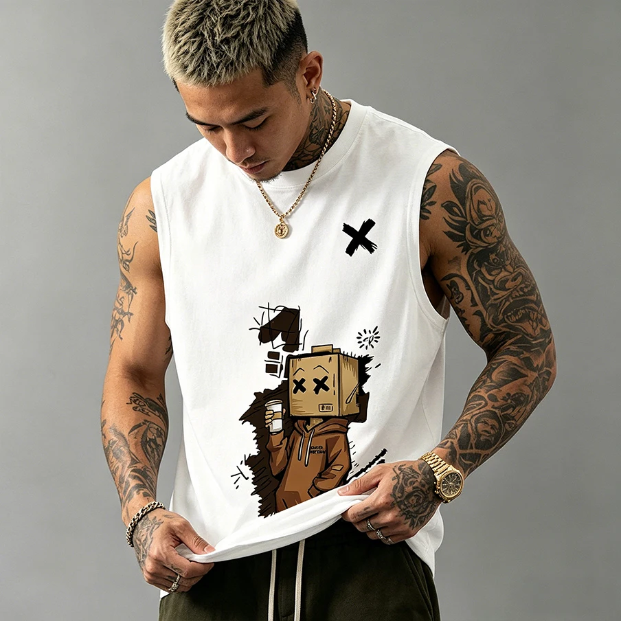 Chaleco sin mangas para hombre, 100% algodón puro, estilo veraniego, informal, deportivo, holgado, con estampado de grafiti, transpirable, cuello redondo.