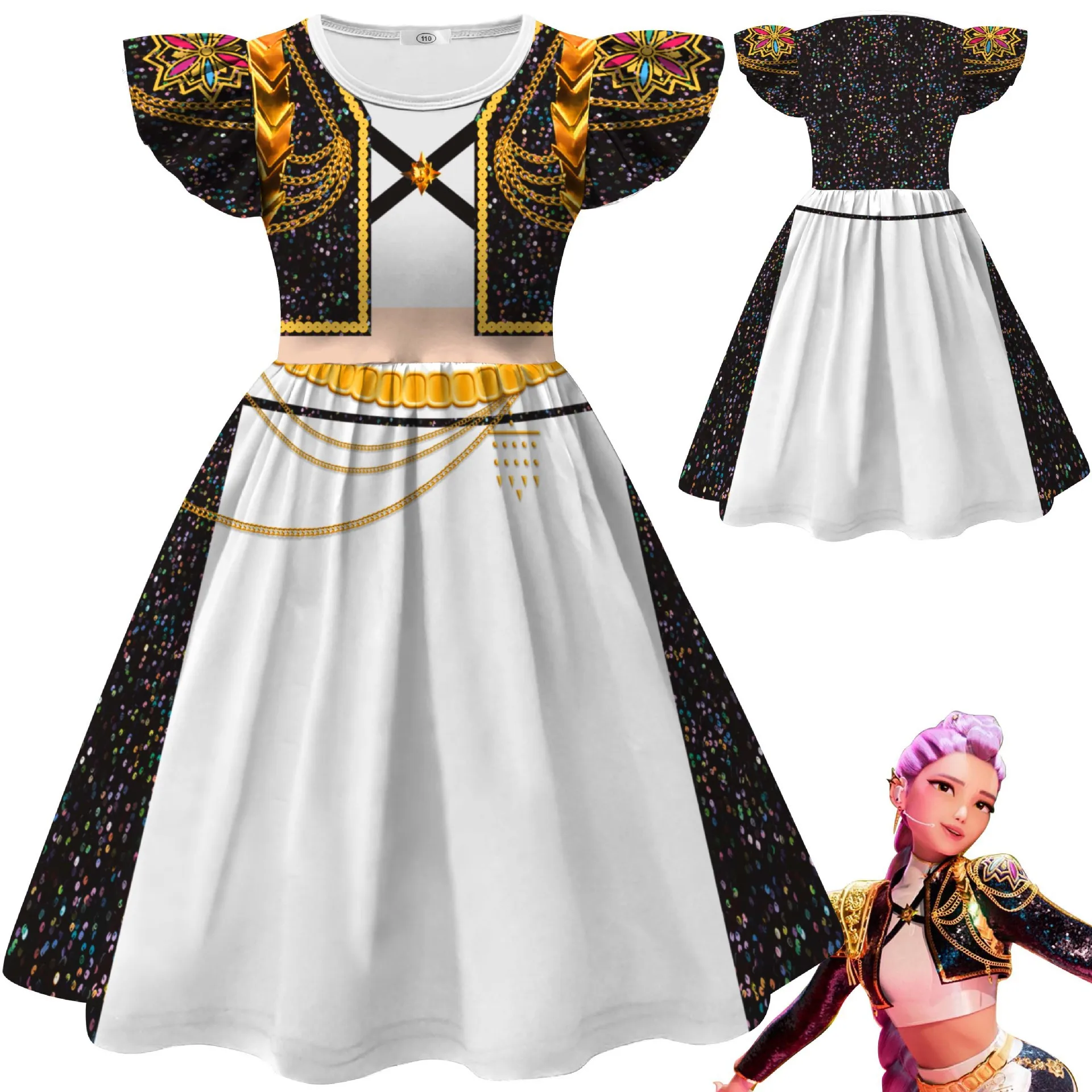 Kids K-Pop Demon Hunters Dress Rumi Zoey Mira Cosplay Costume Girls Children Casual Flying Sleeve Dresses Halloween Xmas Party