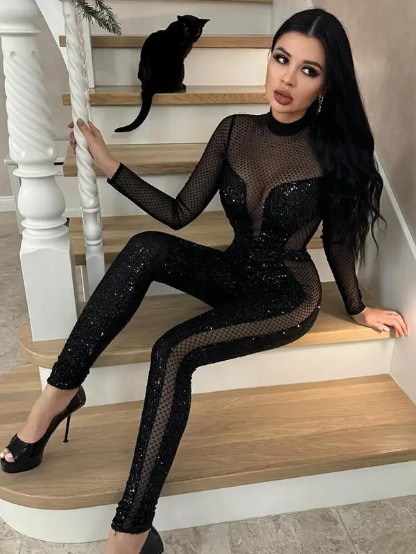 

CNE Street Sle Sexy Bla Sequin Splice Hollow out Me Slim Fit Long Sve Onesie High Waist Long Pants Polyester