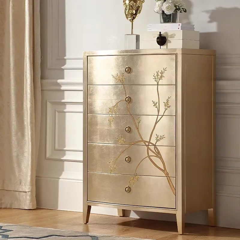 for French Luxury Five Drawer Solid Wood Dresser Gold Modern Design Family Hotel Living Room Bedroom Foldable Furniture