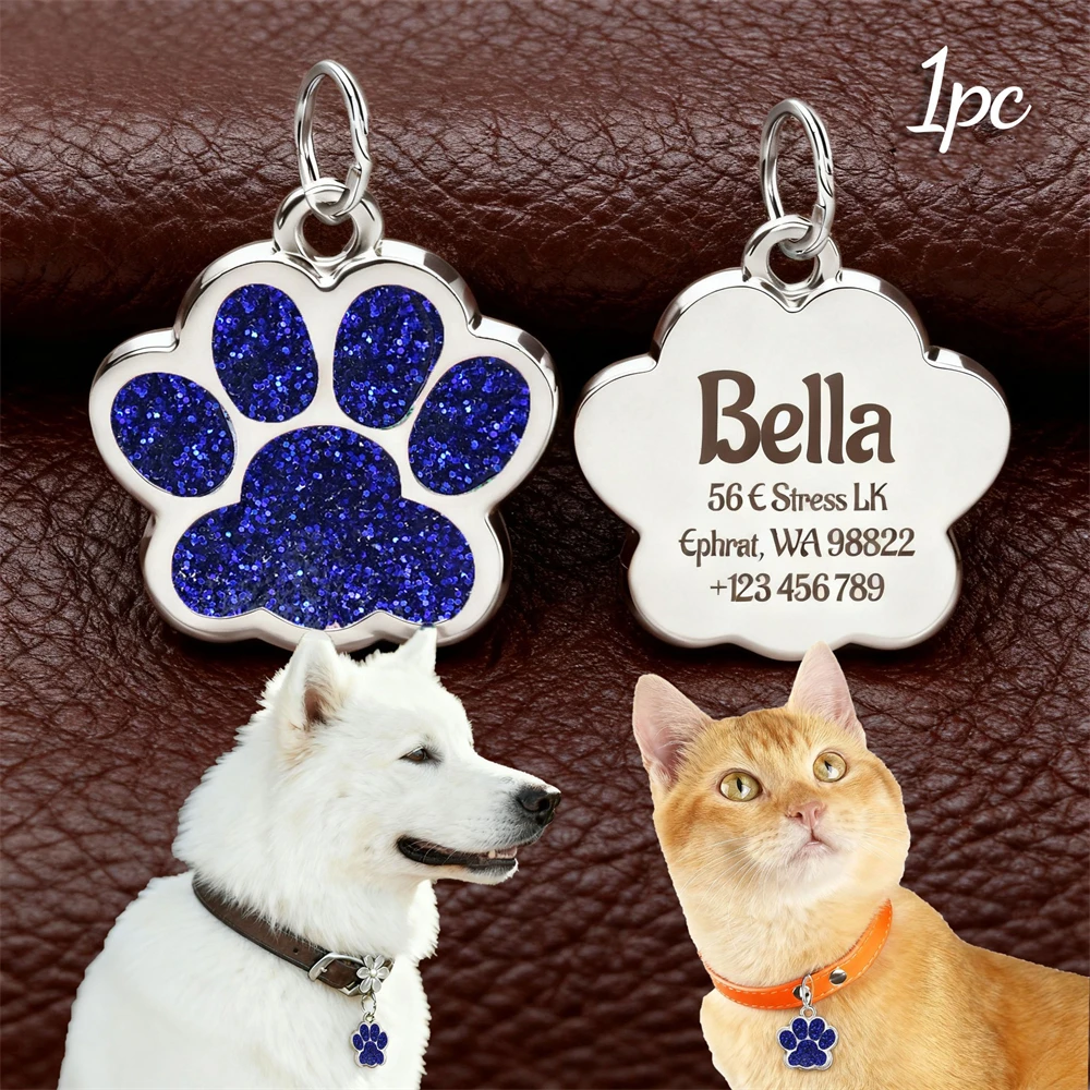 Personalisierter Text Hunde- und Katzen-Anhänger, individuell graviertes Haustier-ID-Namensschild, Edelstahl-Pfoten-Glitzer-Anhänger, Haustierzubehör für Hunde – Detail 7