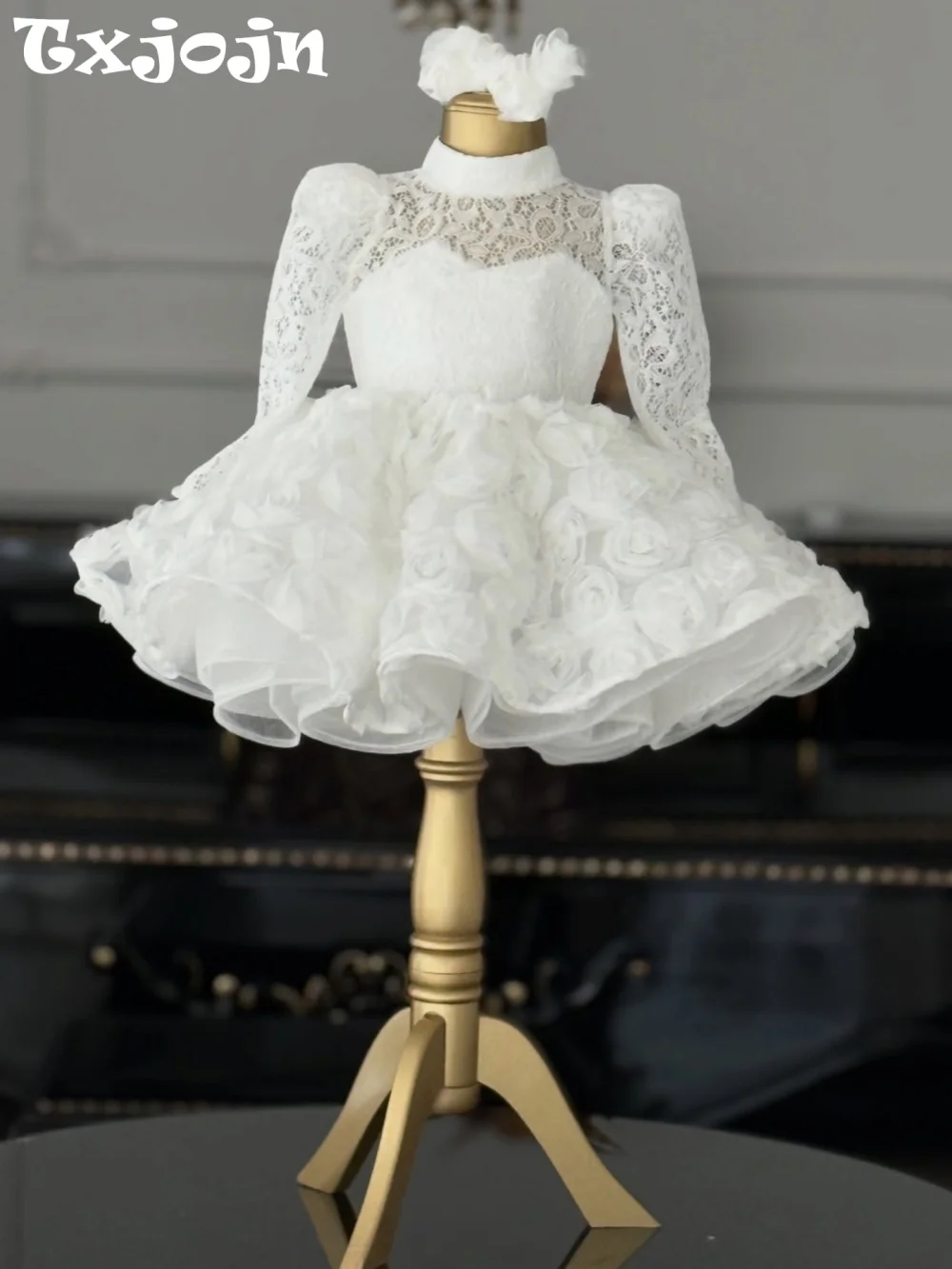Txjojn White Baby Girl Princess Lace Dress Wedding Birthday Party Wear 3D Floral Long Sleeve Princess Gown For Piano Performance