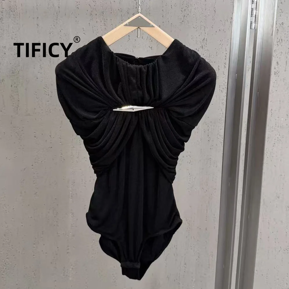 High Street Jumpsuits Women's Summer Dark Style Pleated Backless Short Sleeved T-shirt Personalized Bodysuit Top