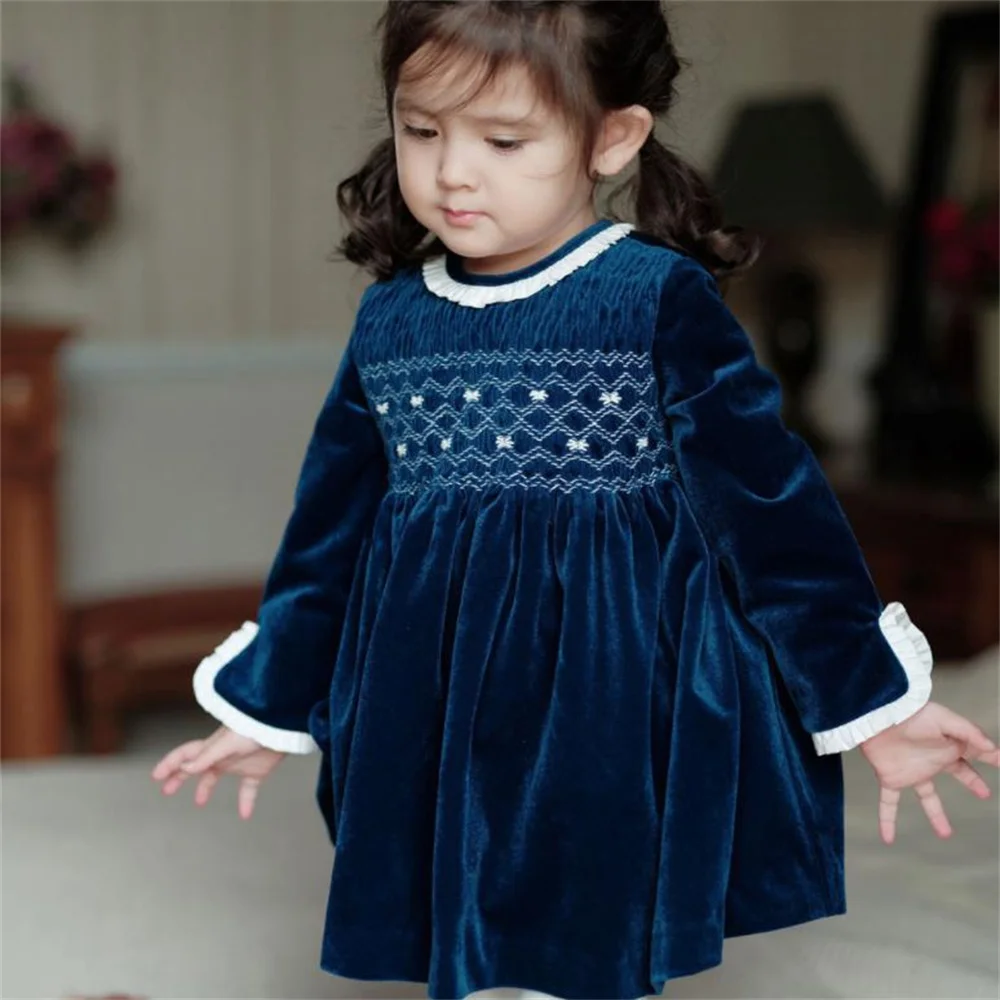 

Girls autumn velvet dress retro handmade embroidered dress baby girl birthday casual dress