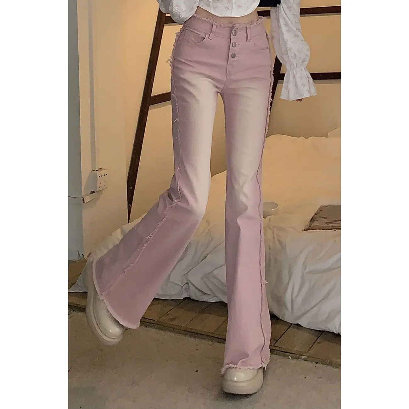 

Pink Flare Jeans Bleached Washed Gradient Sweet Trendy Slim Y2k Street Harajuku Kawaii Summer High Waisted Jeans Women Vintage