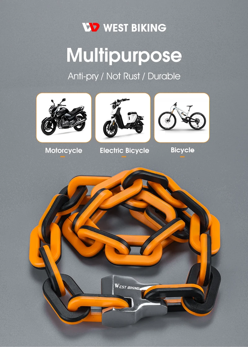 WEST BIKING Bicycle Lock MTB Road Bike Heavy Duty Safety Anti-Theft Chain Lock for Motorcycle Lengthen Thicken Chain Anti-Rust