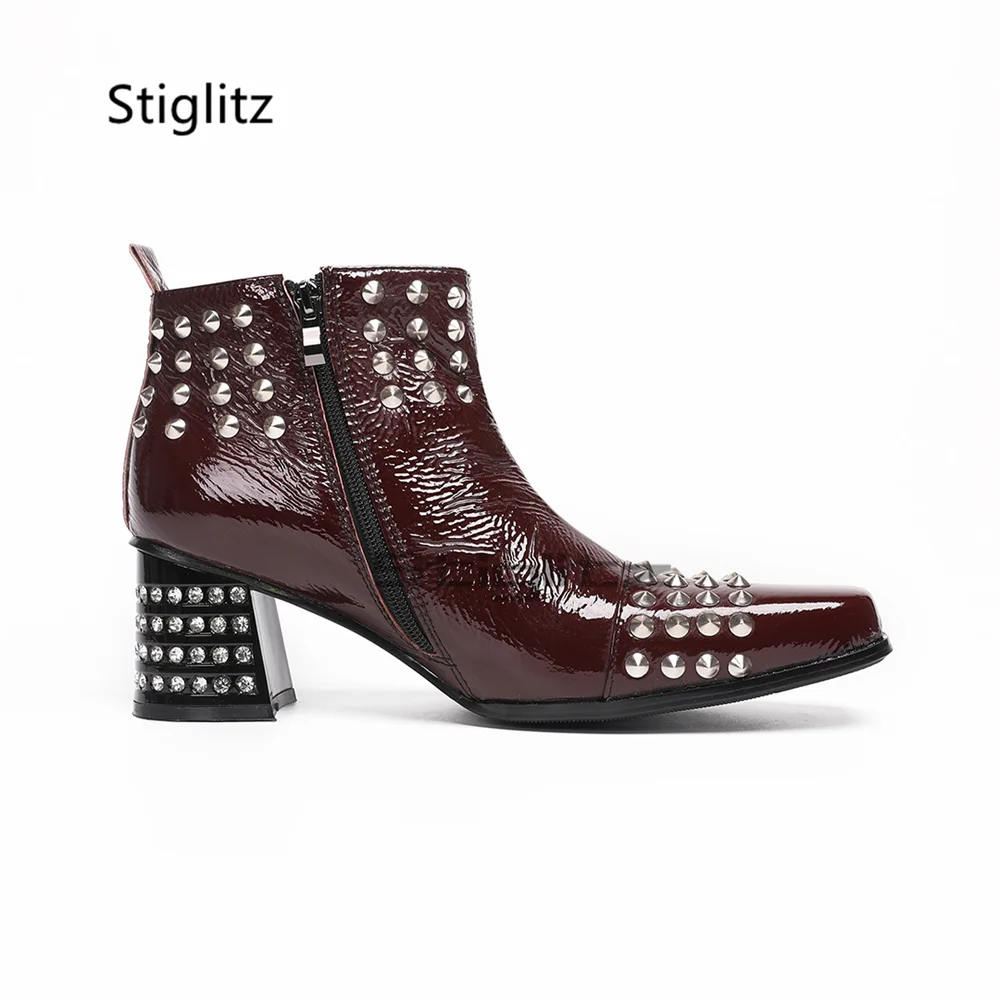 Burgundy Patent Leather Rivet Ankle Boots for Men Square Toe Silver Studs Side Zipper Chunky Heels Party Stage Wedding Shoes