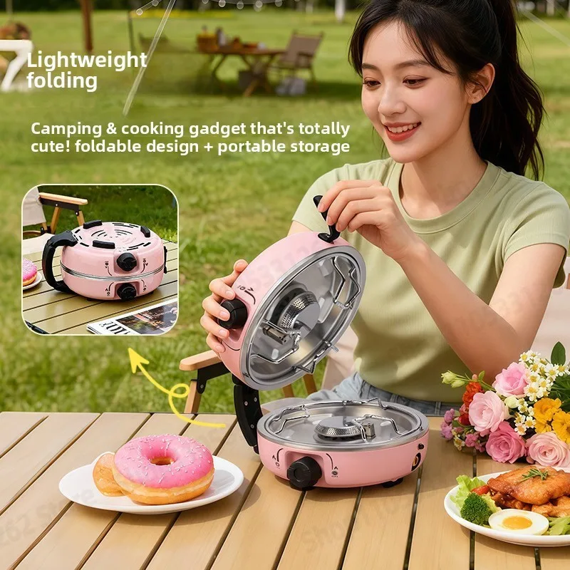 Shell Design Pink Cassette Stove, Double Burner Portable Folding Camping Gas Burner for Picnic
