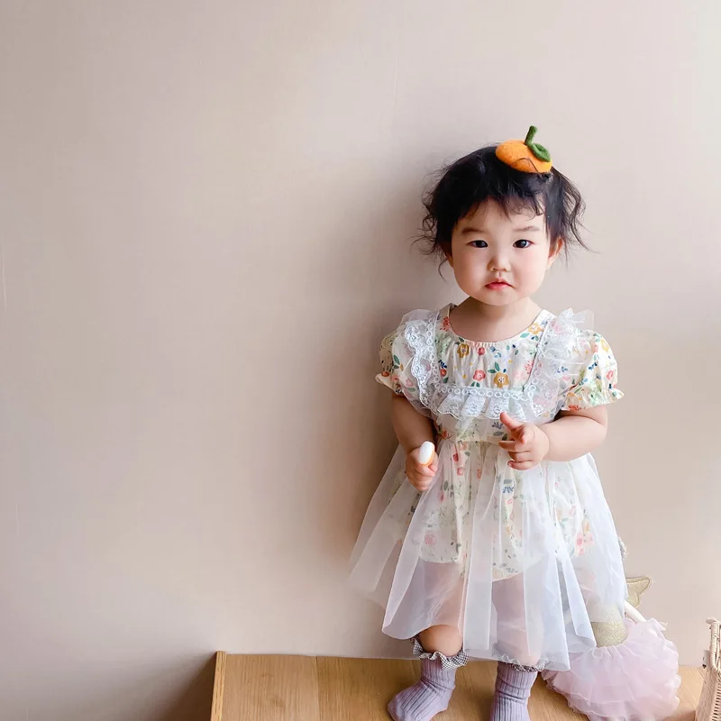Summer Baby Floral Skirt Rompers Baby Bubble Sleeve Crawling Clothes Lace Round Collar Jumpsuit Baby Clothes 2026 Summer New
