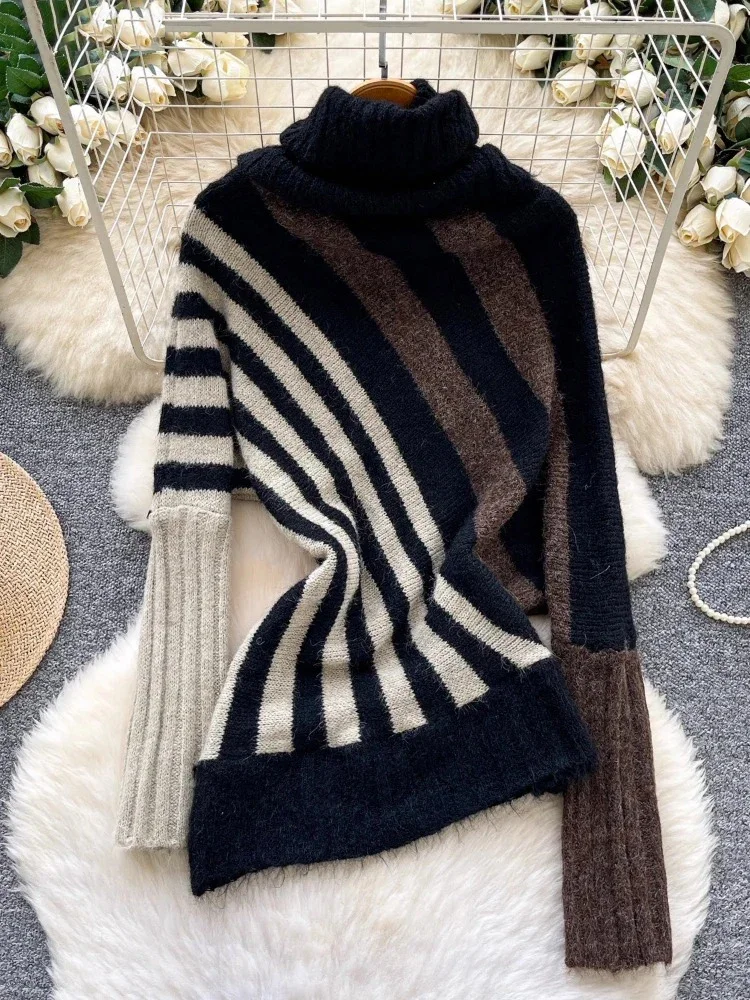 

Women Clothing New Turtleneck Pullovers Slim Fit Fashion Contrast Color Stripe Jumper Pull Femme Korean Knitted Sweater Y2k Tops