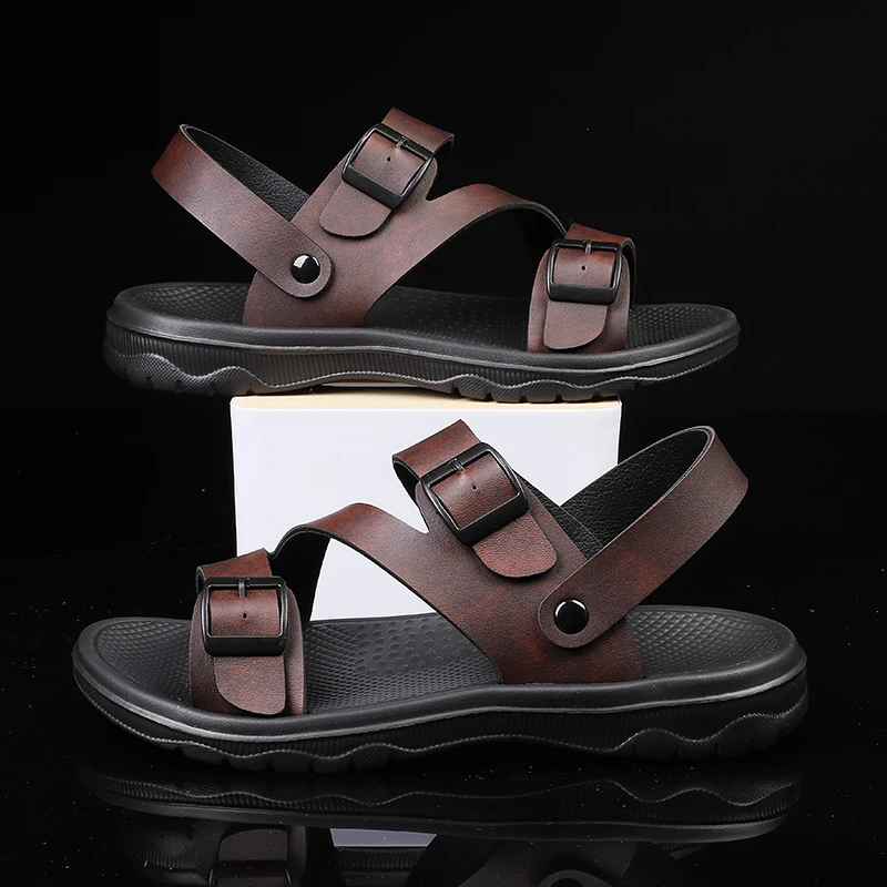 Men PU Leather Sandals Slip-on Summer Breathable Slippers Open Toe Casual Outdoor Walking Shoes Plus Size Beach Sandals for Male