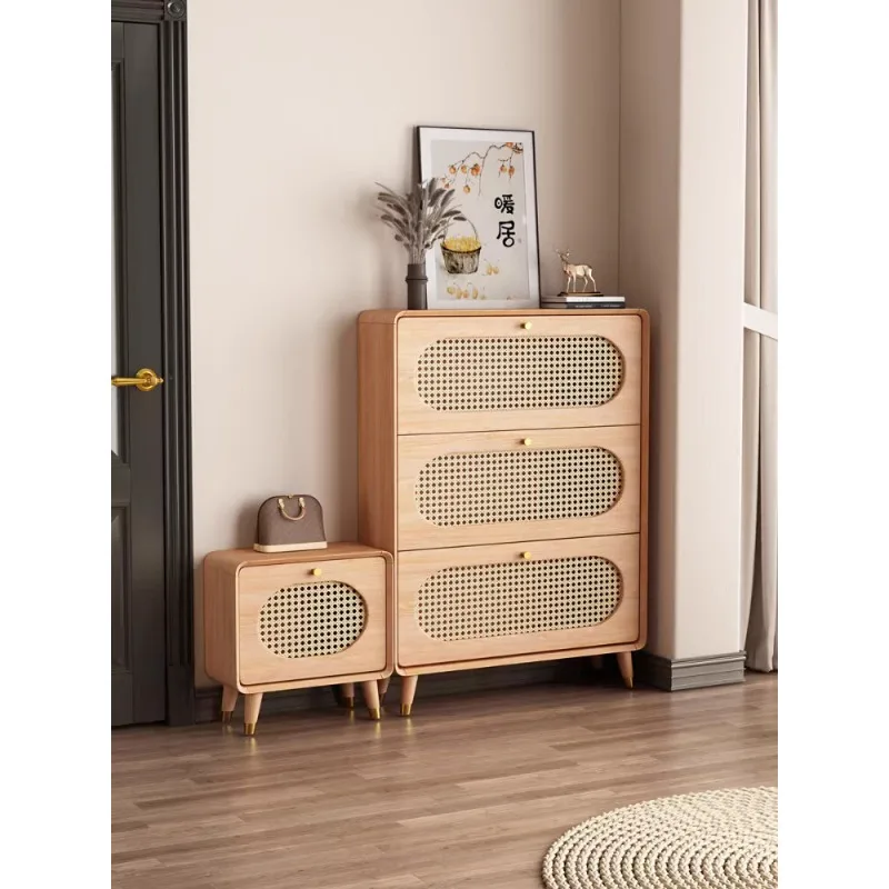 Solid wood ultra-thin imitation rattan woven tipping bucket shoe cabinet at the entrance staircase shoe cabinet Nordic simple me