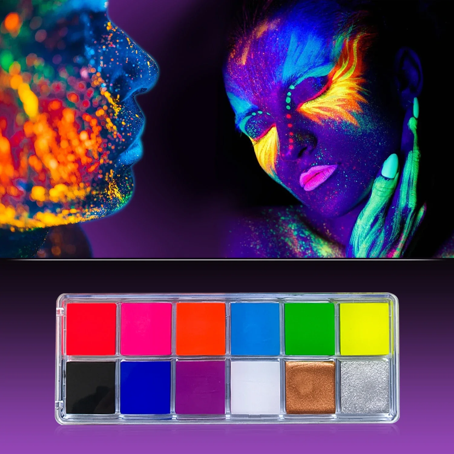 12 Color UV Glow Face Body Paint Kit Luminiscent Paint Oil-Neon Fluorescent with Brushes Body Art Nighttime Face Painting Makeup