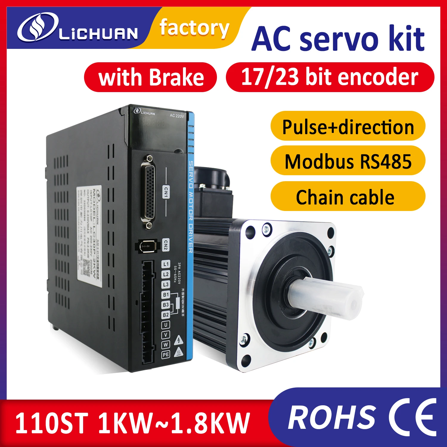 Lichuan servomotor freno 1.2KW 1.5KW 1.8KW kit de servocontrolador 110ST 4Nm 5Nm 6Nm 3000rpm 220v motor de CA para KIT CNC pulso/dirección