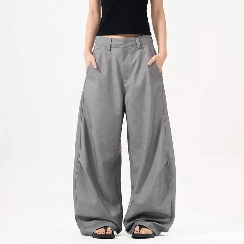 Men's Wear Curved Knife Suit Pants American Style Wrinkle Trousers Unisex Loose Couple Wide Leg Bottoms Summer 9WPETL
