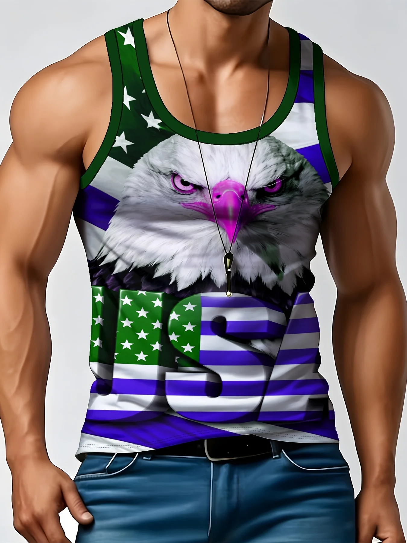 Trending Hot Sale Abstract Print Men Sleeveless Tank Shirt, Fit Breathable Eagle Gym Vest For Daily Holiday Street Look