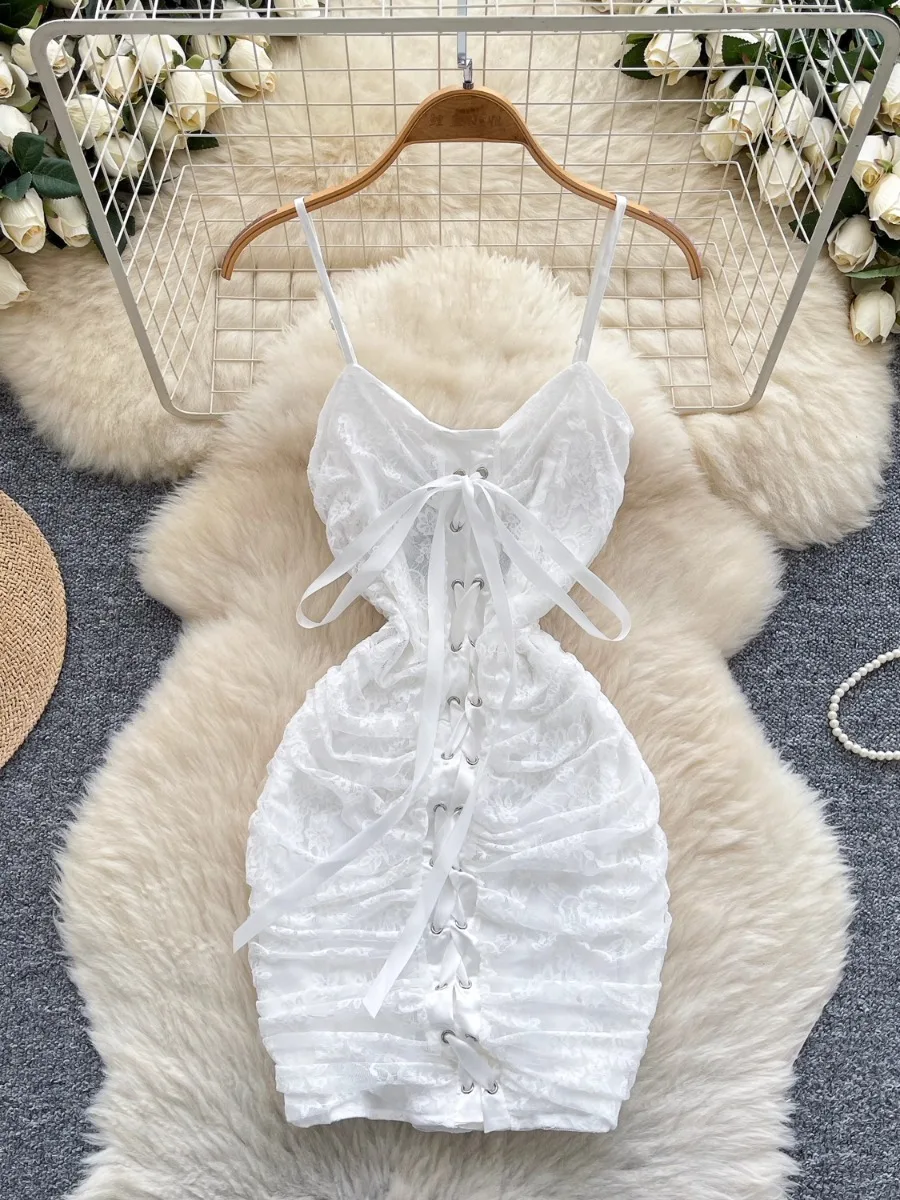 

Foamlina Bandage Bodycon Mini Dress Women Summer Dopamine Hot Girl's Halter Embroidery Pleated Pure Desire Bodycon Short Dress