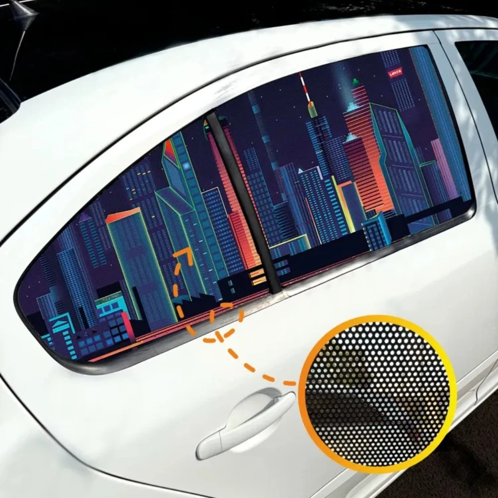 City Nightscape One‑Way Vision Car Window Film, UV Sun Shade Privacy Anti‑Peep Vinyl Decal Auto Tuning