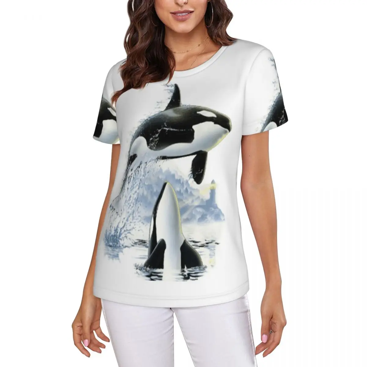 Orca Killer Whale Flies Or Jumps Oves The Ocean T-Shirt Women Short Sleeve T Shirts Round Neck Streetwear