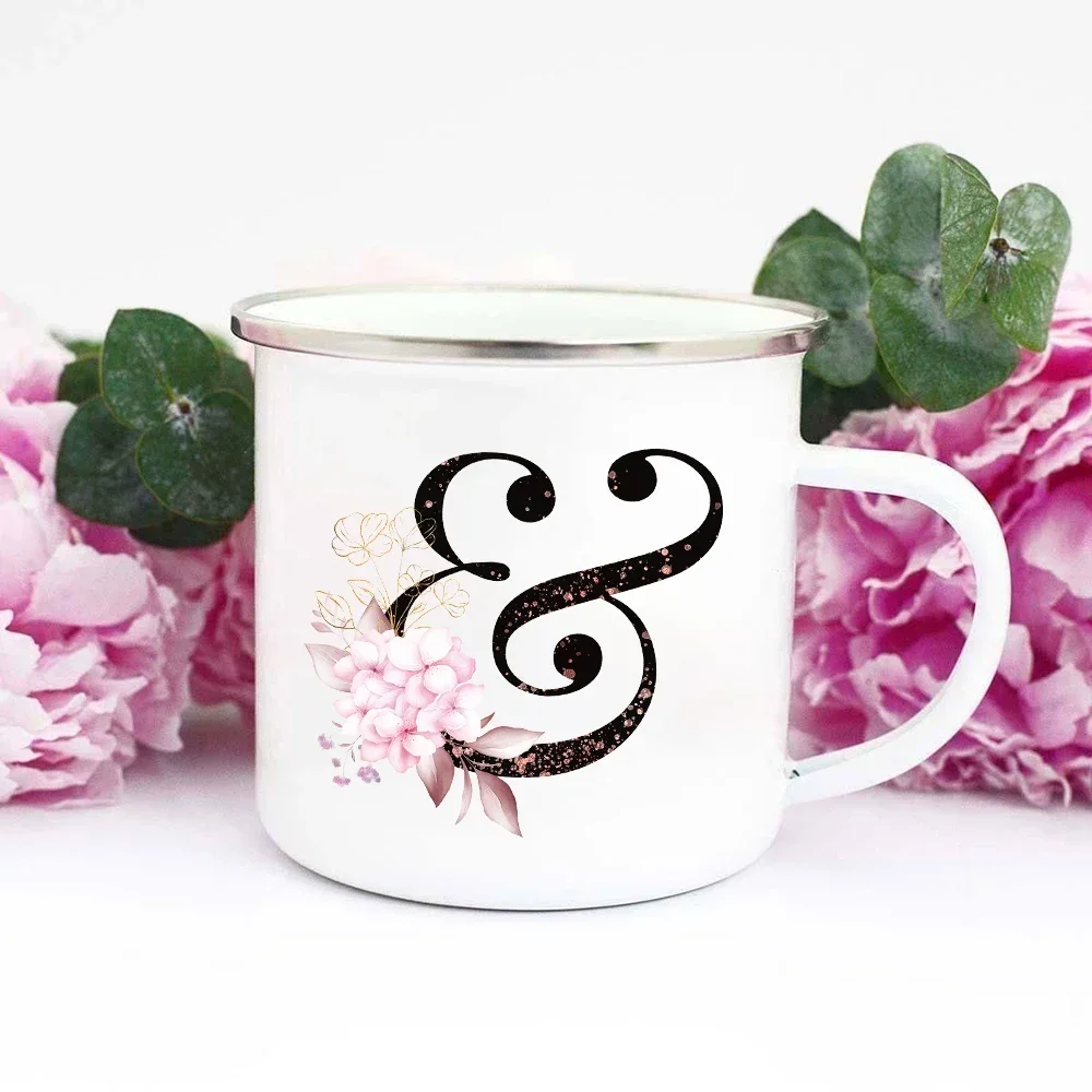 Vintage Juice Water Mug Pink Flowers Alphabet A B C Enamel Coffee Tea Mugs Bride Marry Party Wine Beer Drink Cups Best Gifts