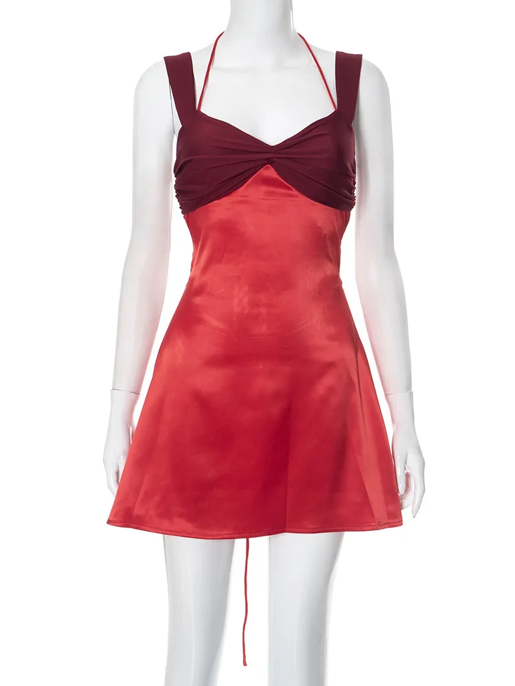 Satynowa seksowna sukienka damska z odkrytymi plecami, bandażowa, czerwona, patchworkowa, na ramiączkach spaghetti, mini, wiosenna, wyszczuplająca, elegancka, na imprezę, do klubu, 2025