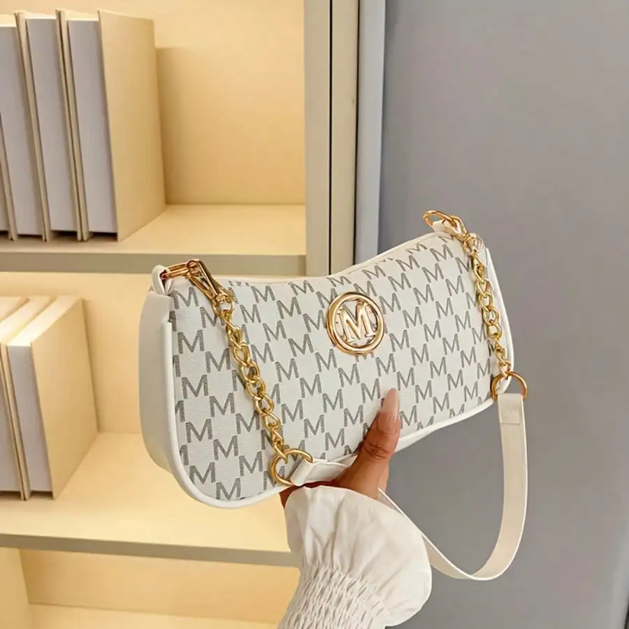 

1pc French Retro Underarm Bag For Women, New Letter Print Small Square Crossbody Shoulder Bag With Adjustable Strap & M Logo, Zipper Closure, Suitable For Commuting & Casual Outings, Light Brown/White/Black, Multifunctional Handbag, Fashion Accessory, Ele