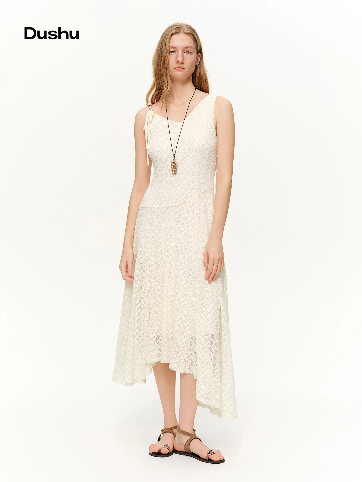 DUSHU Lace Mesh Irregular V-neck Dress New Spring White High-waisted Slim Suspender Pleated Sundress Fairycore Tender Leisure