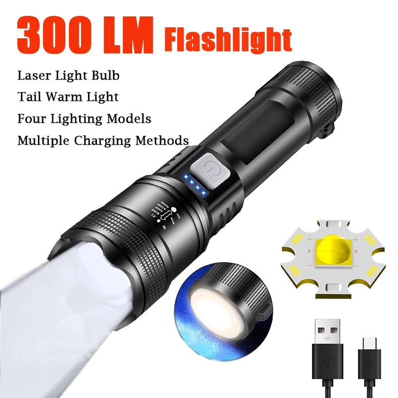 Super Bright LED Flashlight  Four Lighting Models Type-C Rechargeable Tactical Torch 1200mAh Built in Battery Long Range Lantern