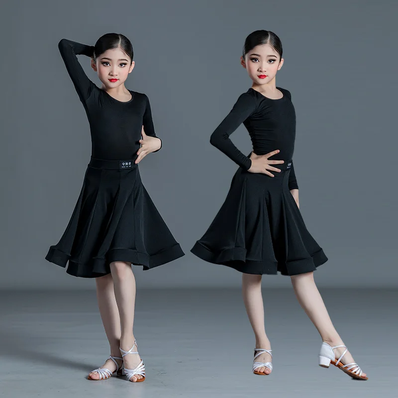 Neue Kinder Latin Dance Kleid Mädchen Tanz Übungs kleid Latin Dance Kleid Langarm Wettbewerb Split Kleid Frauen Perfo