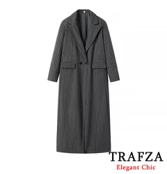 TRAFZA Elegant Knitted Stripe Tweed Long Coat Women's Autumn Winter Fashion Versatile Commuter Long Coat Lapel Pocket Long Coat