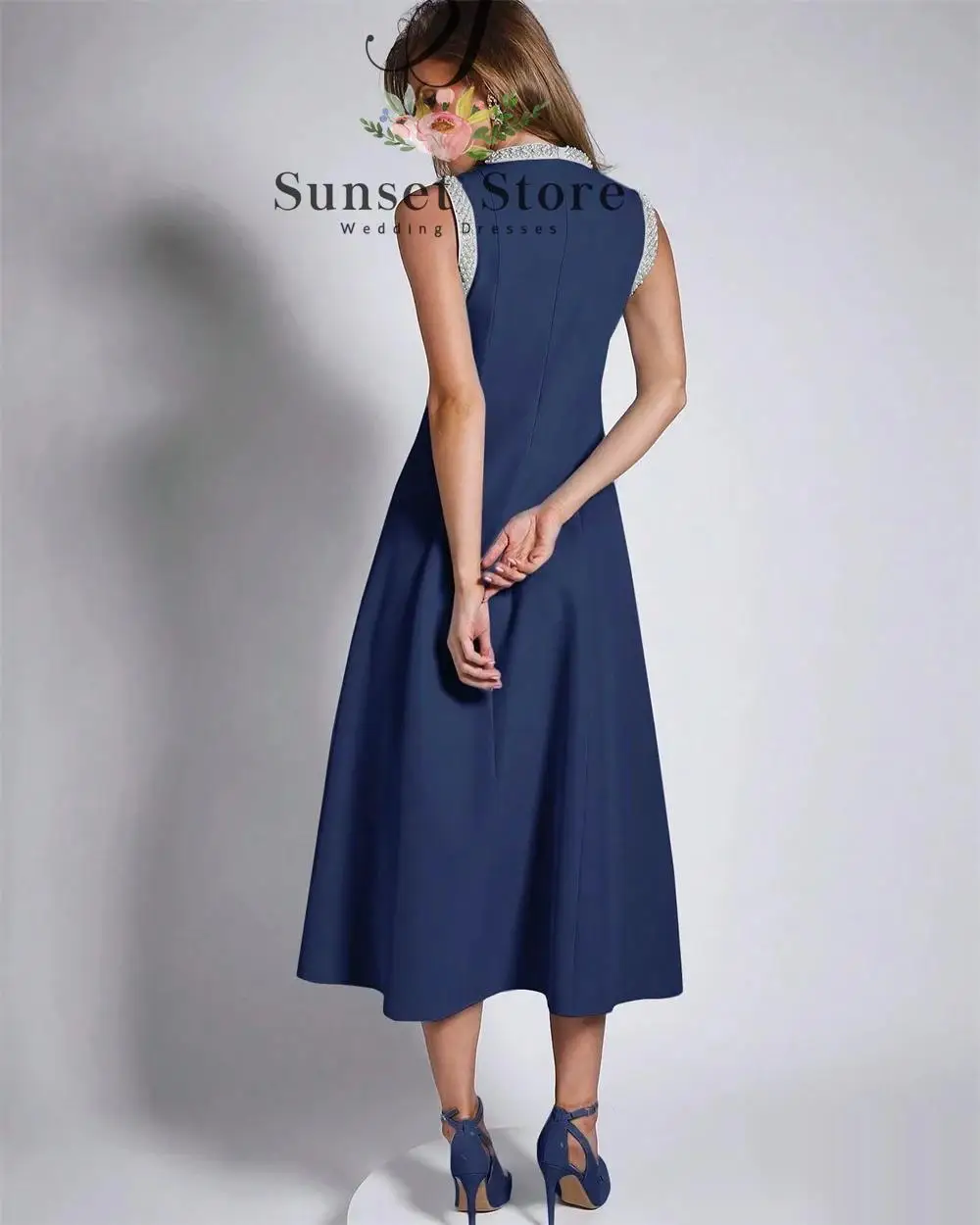 Vestido de noche personalizado, cuello redondo, sin mangas, vestidos de celebridades, vestidos de ocasión a medida, moda Formal con cuentas