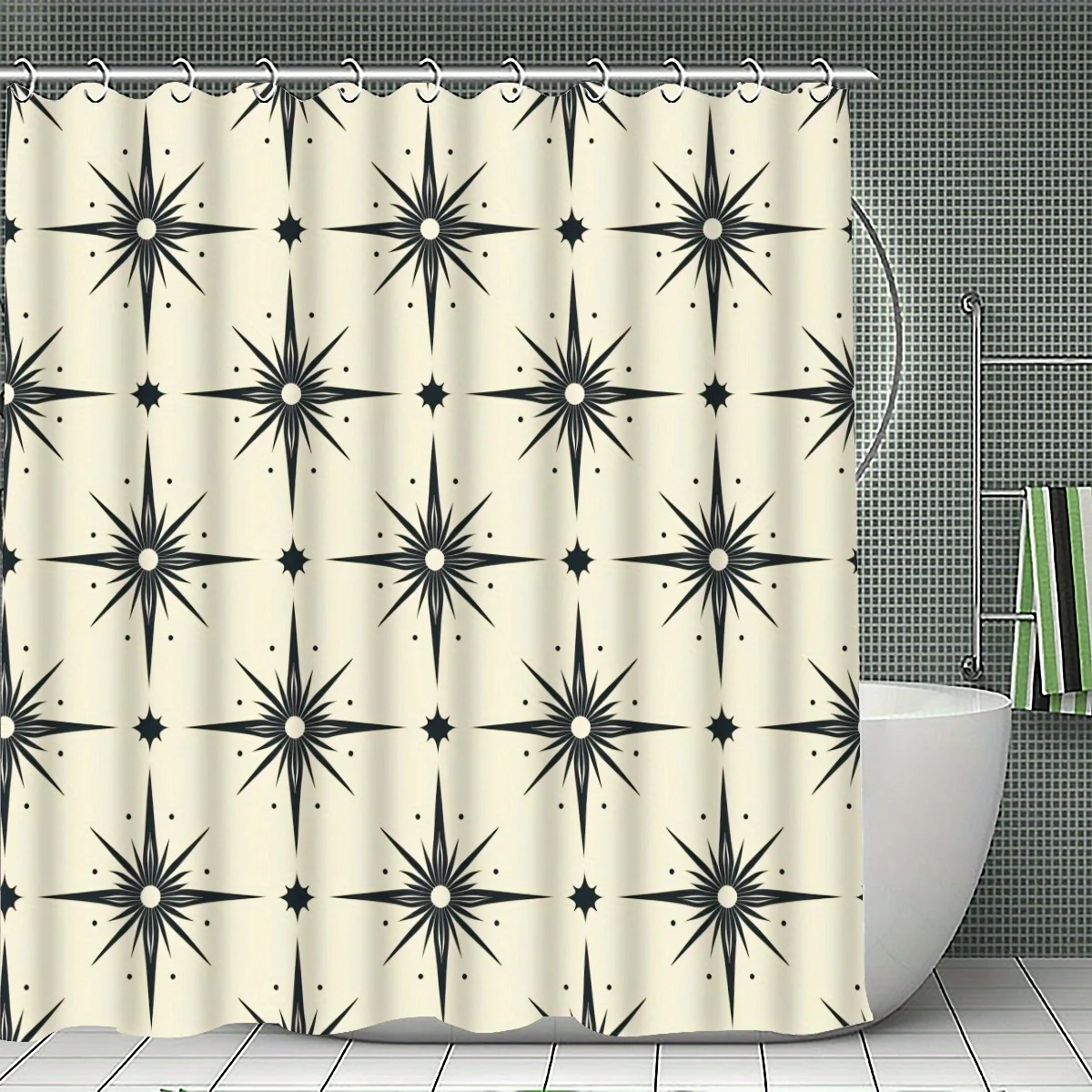 4pc Black star-patterned bathroom set, including shower curtain, non-slip mat, toilet seat cover, and non-slip mat.